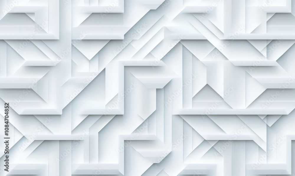 Fototapeta premium Geometric abstract pattern with layered shapes, white tones, modern design, intricate details, 3D effect, seamless texture