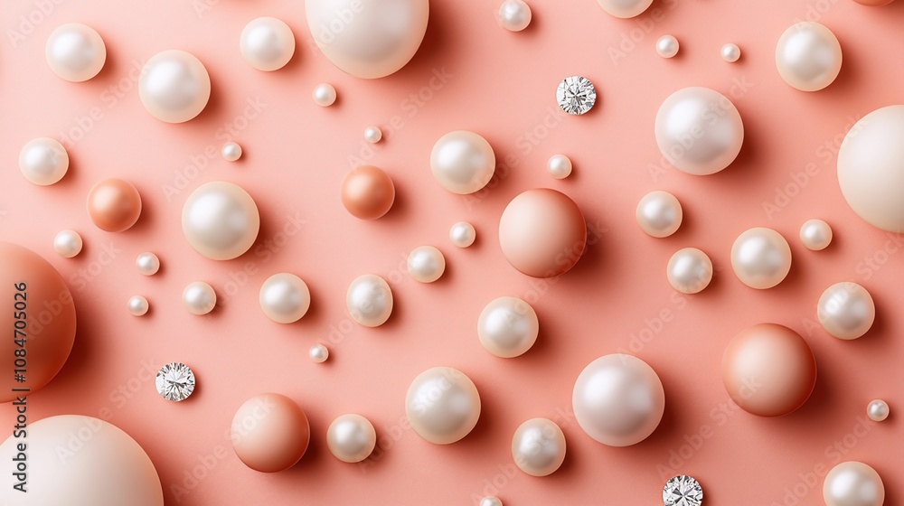 Elegant arrangement of white pearls and diamonds on a soft pink background, featuring varying sizes and a luxurious aesthetic. Elegant arrangement of white pearls and diamonds on a soft pink background, featuring varying sizes and a luxurious aesthetic.