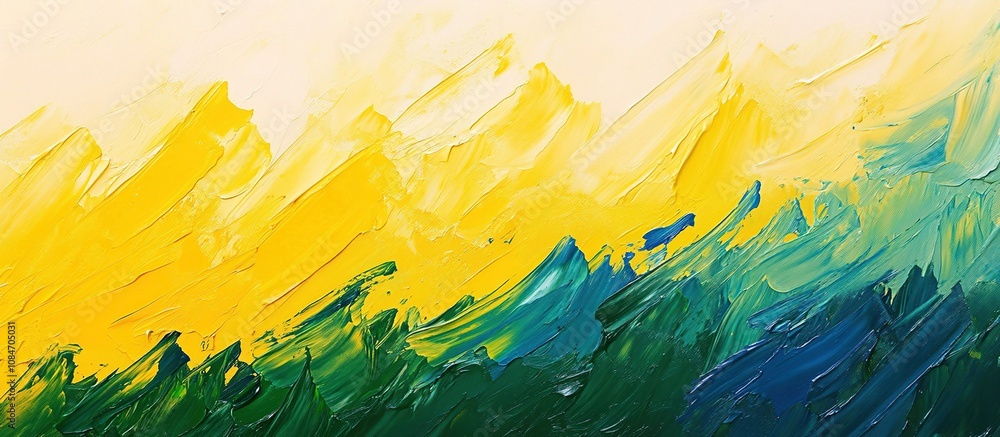Abstract landscape with vibrant yellow and green brushstrokes suggesting mountains. Abstract landscape with vibrant yellow and green brushstrokes suggesting mountains.