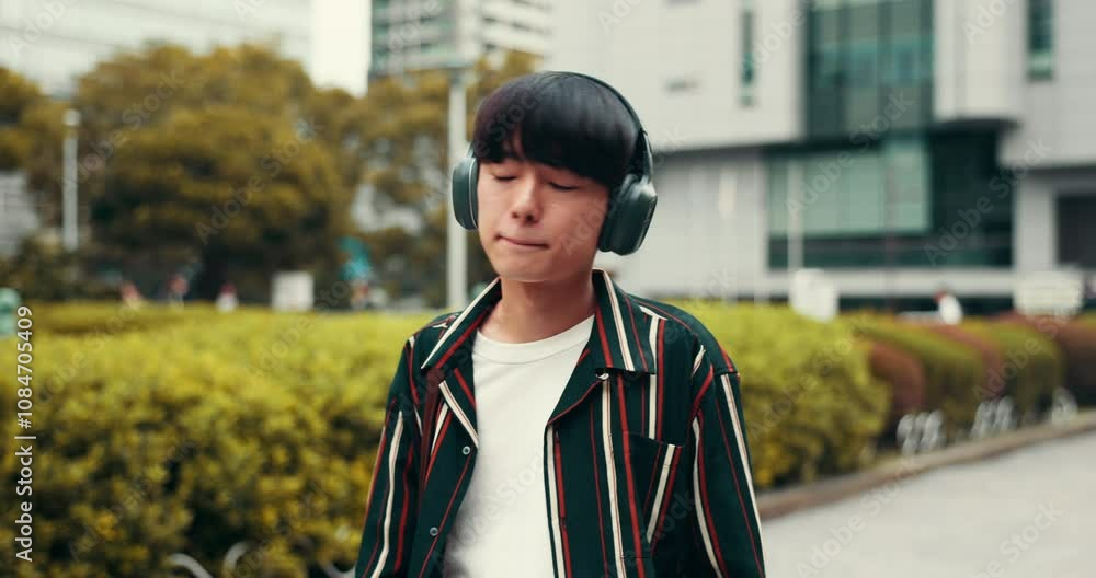 Japanese man, headphones and music in city, kpop or listening to hip hop. Asian person, radio and outdoor for sound, streaming or dancing to urban audio while walking on commute to travel at park Japanese man, headphones and music in city, kpop or listening to hip hop. Asian person, radio and outdoor for sound, streaming or dancing to urban audio while walking on commute to travel at park