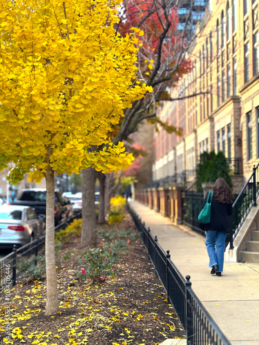 Woman walking down tree-lined city sidewalk during autumn.