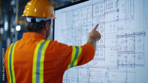 A construction worker in an orange safety shirt and helmet is reviewing blueprints on a digital screen, pointing at specific details. photo