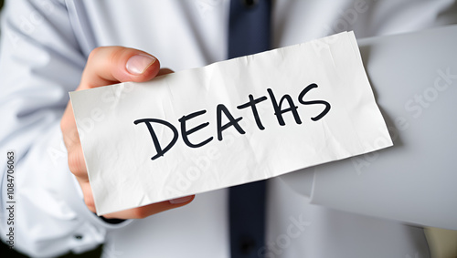 Writing note showing Deaths. Business concept for permanent cessation of all vital signs, instance of dying individual photo