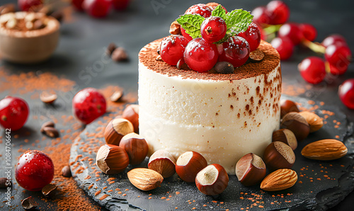 Creamy dessert decorated with cocoa powder, white chocolate, hazelnuts, toasted almonds and red fruits presented on a dark and textured background.