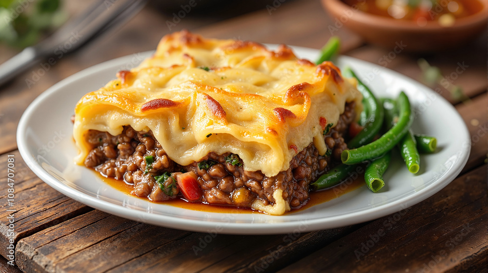 Delicious shepherd's pie on a plate with green beans and rustic wooden background Delicious shepherd's pie on a plate with green beans and rustic wooden background