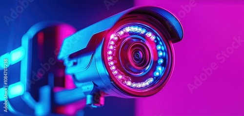 CCTV with infrared enhances security concept. A close-up of a high-tech surveillance camera illuminated with vibrant purple and blue lights.