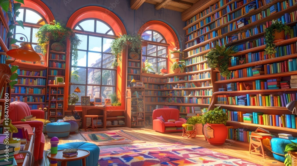 A cozy library with large windows, bookshelves full of books, and comfortable seating. A cozy library with large windows, bookshelves full of books, and comfortable seating.