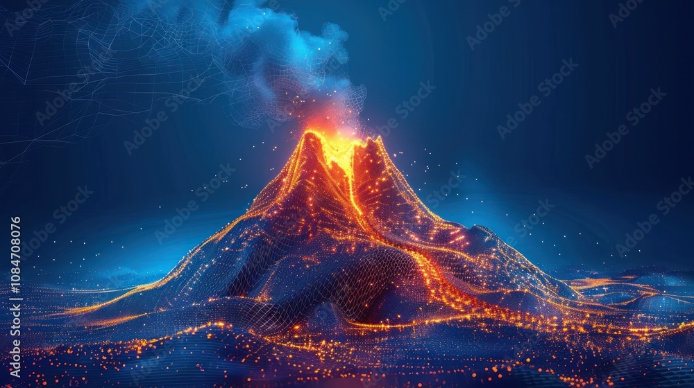 A stylized digital volcano erupts with glowing lava and smoke against a dark blue sky. A stylized digital volcano erupts with glowing lava and smoke against a dark blue sky.