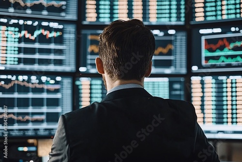 Trader Analyzing Market Data on Multiple Monitors in a Financial Hub