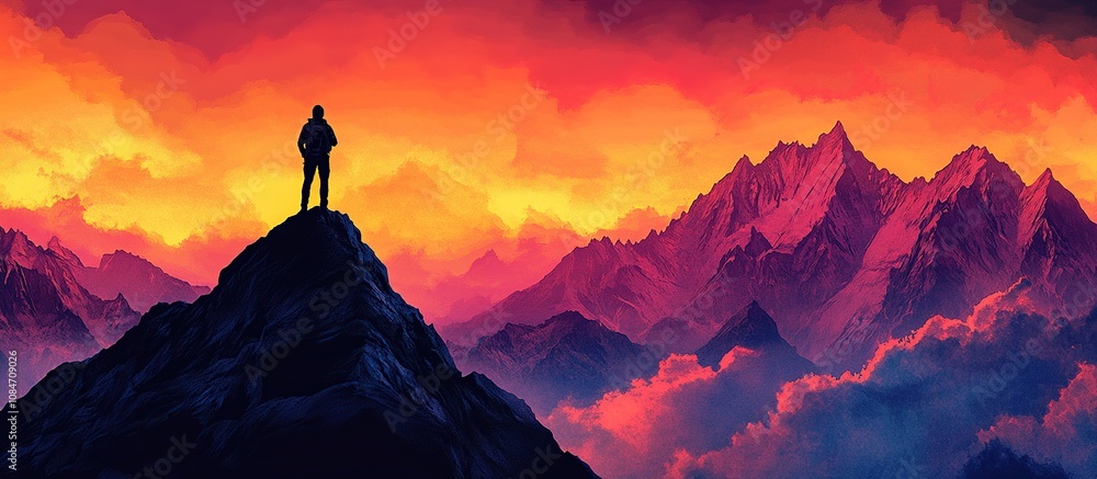 A silhouetted figure stands atop a mountain, overlooking a vibrant sunset and dramatic landscape. A silhouetted figure stands atop a mountain, overlooking a vibrant sunset and dramatic landscape.