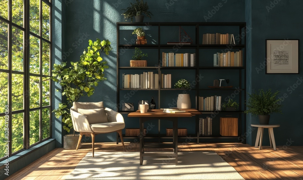 Fototapeta premium Modern Nordic Room With Table, Bookshelf, and Chair. Image