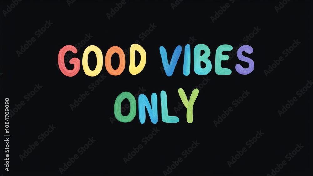 Fototapeta premium Positive motivational phrase “Good vibes only” on a black background written in cheerful colorful letters