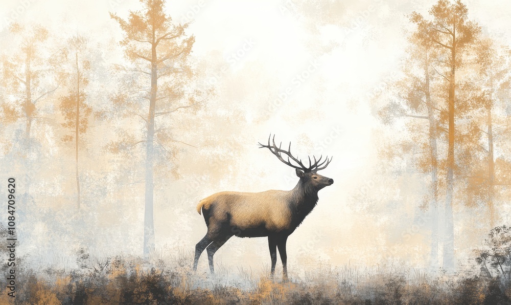 Obraz premium Majestic stag in a foggy forest at dawn. image