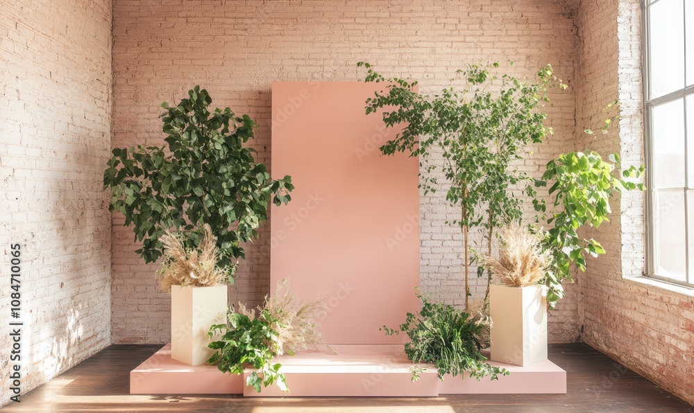 Modern minimalist display setup with greenery and soft pink backdrop in warm afternoon light