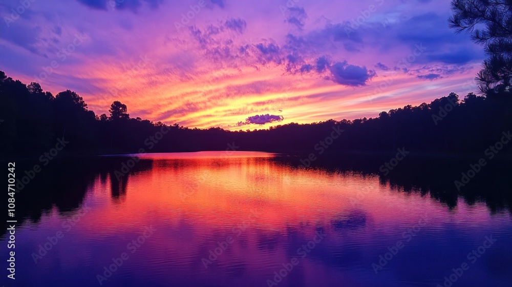 A sunset reflecting off a lake, with colors transitioning from orange to purple. A sunset reflecting off a lake, with colors transitioning from orange to purple.