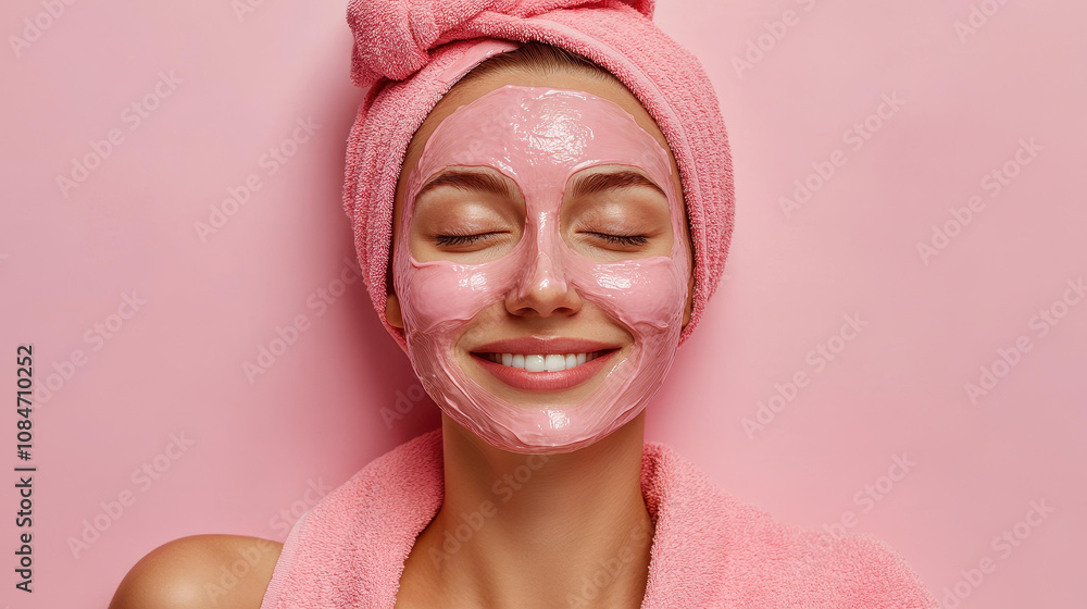 A happy woman in a bathrobe enjoys her skincare routine with a bright hydrating mask, surrounded by a cheerful pink vibe. A happy woman in a bathrobe enjoys her skincare routine with a bright hydrating mask, surrounded by a cheerful pink vibe.