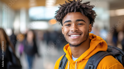 A joyful student athlete with afrotextured hair, radiating youth while wearing a backpack in a bright indoor space.