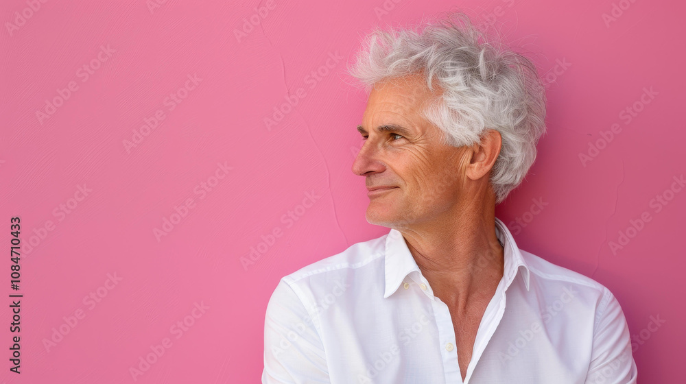 A stylish senior man in an elegant shirt, exuding confidence with a calm smile against a soft pink backdrop. A stylish senior man in an elegant shirt, exuding confidence with a calm smile against a soft pink backdrop.