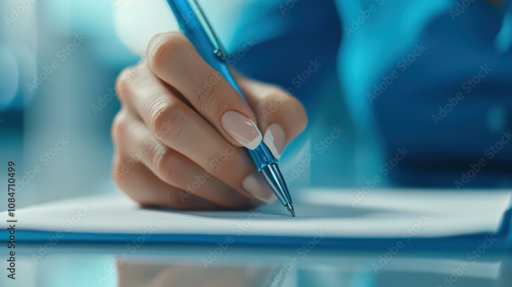 A focused woman jotting down notes with a pen, capturing important ideas in a busy office environment. A focused woman jotting down notes with a pen, capturing important ideas in a busy office environment.