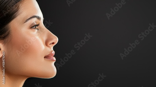 Captivating female profile exuding confidence, set against a sleek black background, perfect for professional use.