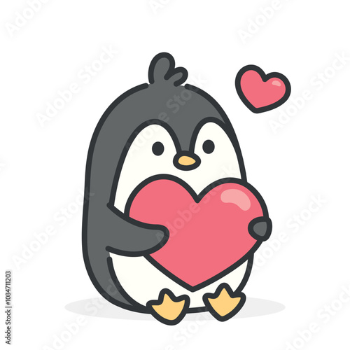 cute hand drawn penguin with a heart, adorable kawaii style penguin animal hugging a heart, valentines day with penguin