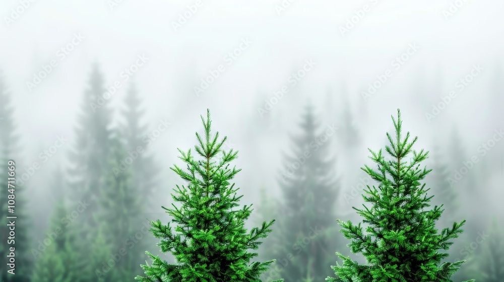 Obraz premium Wake up to the enchanting sight of spruce treetops shrouded in morning fog, where sunlight dances through natures veil.