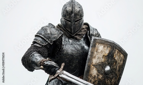 illustration of a formidable armored warrior wielding a sword and shield, set against a white background.