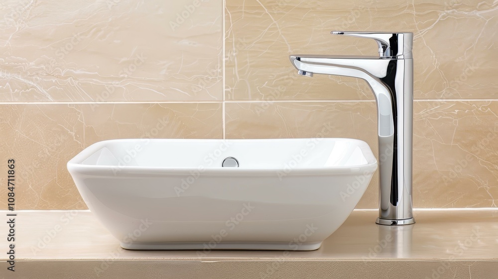 Fototapeta premium Step into a chic bathroom adorned with a sleek white sink and stylish faucet for a contemporary feel.