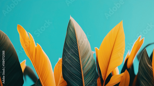 Vibrant tropical leaves in shades of yellow and green against a bright turquoise background.