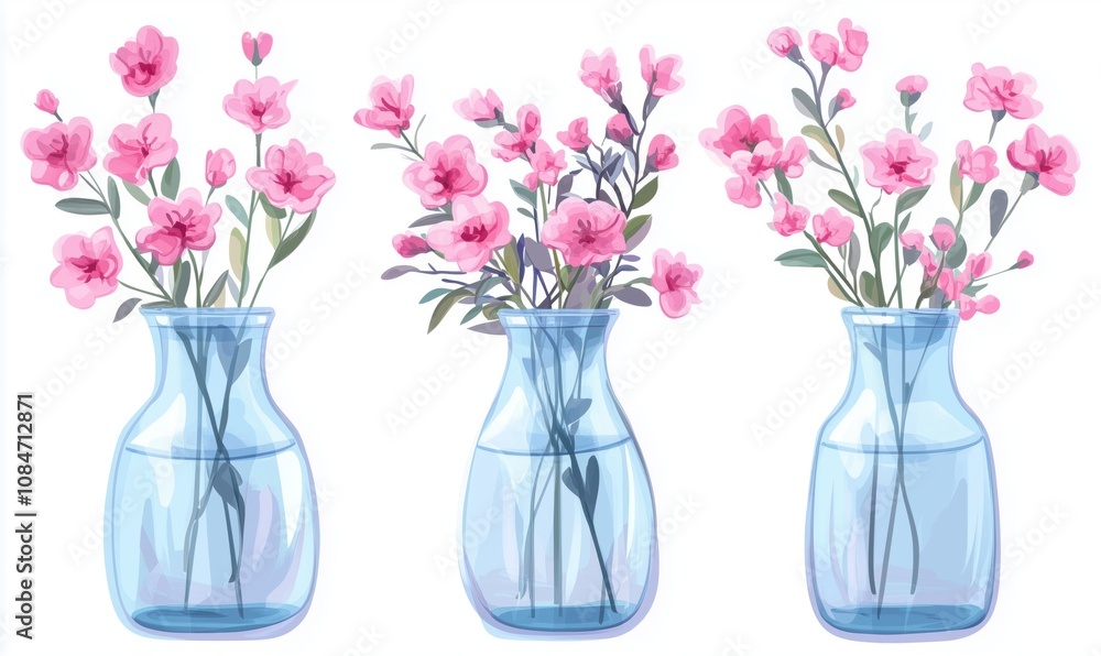 Pink flowers in glass vases, three arrangements, delicate petals, green leaves, soft colors, artistic illustration Pink flowers in glass vases, three arrangements, delicate petals, green leaves, soft colors, artistic illustration