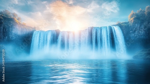 A serene waterfall cascading into a tranquil body of water under a bright sky.