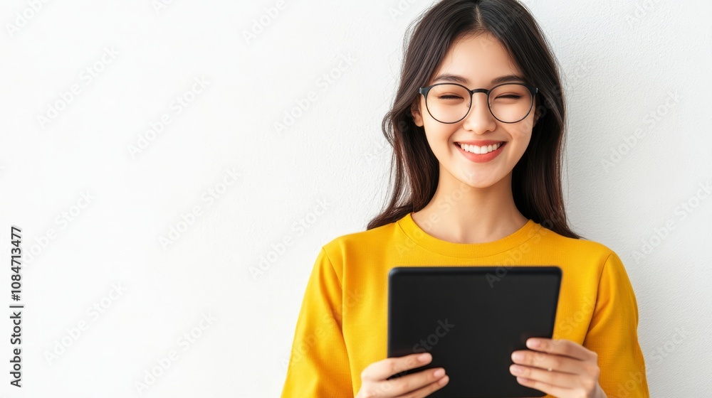 Image of young asian woman company worker in glasses smiling and holding digital tablet standing over white background Image of young asian woman company worker in glasses smiling and holding digital tablet standing over white background