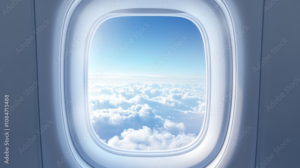 View of fluffy white clouds from an airplane window. View of fluffy white clouds from an airplane window.