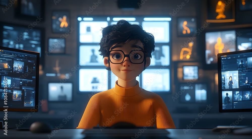 A young person with glasses sits in front of multiple computer screens, surrounded by digital images, exuding curiosity and focus in a tech-inspired environment. A young person with glasses sits in front of multiple computer screens, surrounded by digital images, exuding curiosity and focus in a tech-inspired environment.