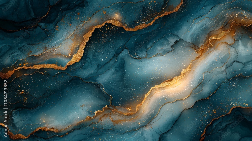 Abstract blue and gold marbled background with fluid patterns and shimmering accents. Abstract blue and gold marbled background with fluid patterns and shimmering accents.