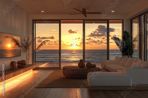 Interior view of a beach condo overlooking the ocean at sunset with reflective lighting