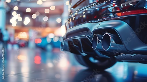 Close up view of exhaust tip muffler pipe of a modern car in the showroom photo