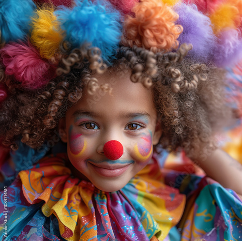 Portrait child funny clown disguise curly wig red nose, making funny face against colored background