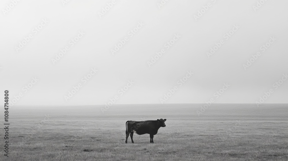A lone cow stands in a foggy field, silhouetted against the vastness of the sky. A lone cow stands in a foggy field, silhouetted against the vastness of the sky.