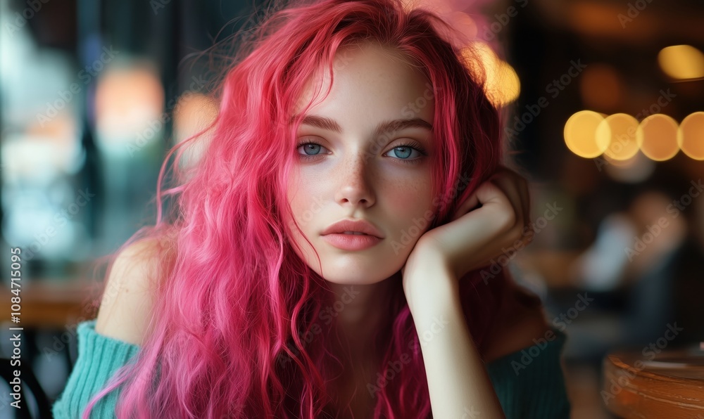 Pink-haired girl with striking blue eyes, soft expression, sitting in cafe, warm bokeh background Pink-haired girl with striking blue eyes, soft expression, sitting in cafe, warm bokeh background