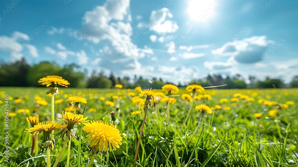 Obraz premium Feld of yellow dandelions and blue sky with clouds, spring landscape