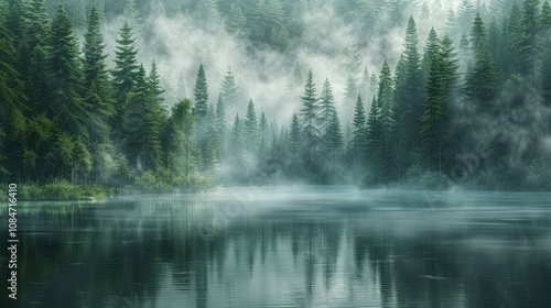 A tranquil lake surrounded by a thick fog and a dense forest in the mountains.