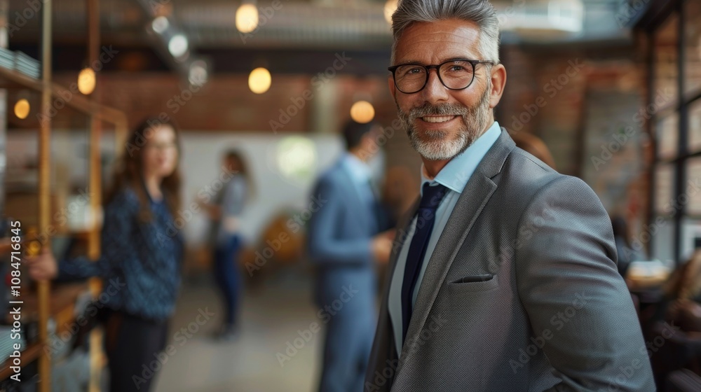A smiling mature businessman wearing a suit and glasses standing in an office with colleagues in the background. A smiling mature businessman wearing a suit and glasses standing in an office with colleagues in the background.