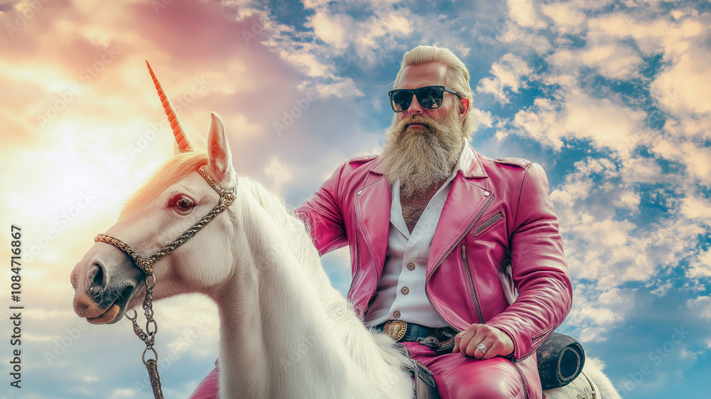 A man riding a white unicorn in a pink suit under a bright cloudy sky, creating a whimsical and magical atmosphere A man riding a white unicorn in a pink suit under a bright cloudy sky, creating a whimsical and magical atmosphere