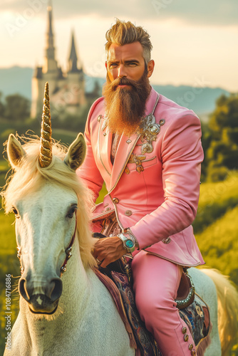 A man in a pink suit riding a unicorn with a castle in the background, blending fantasy and reality in a picturesque scene