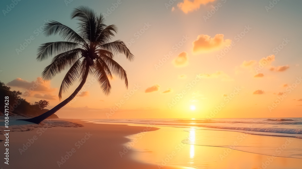 Tropical sunset by the sea with silhouetted palm tree Tropical sunset by the sea with silhouetted palm tree