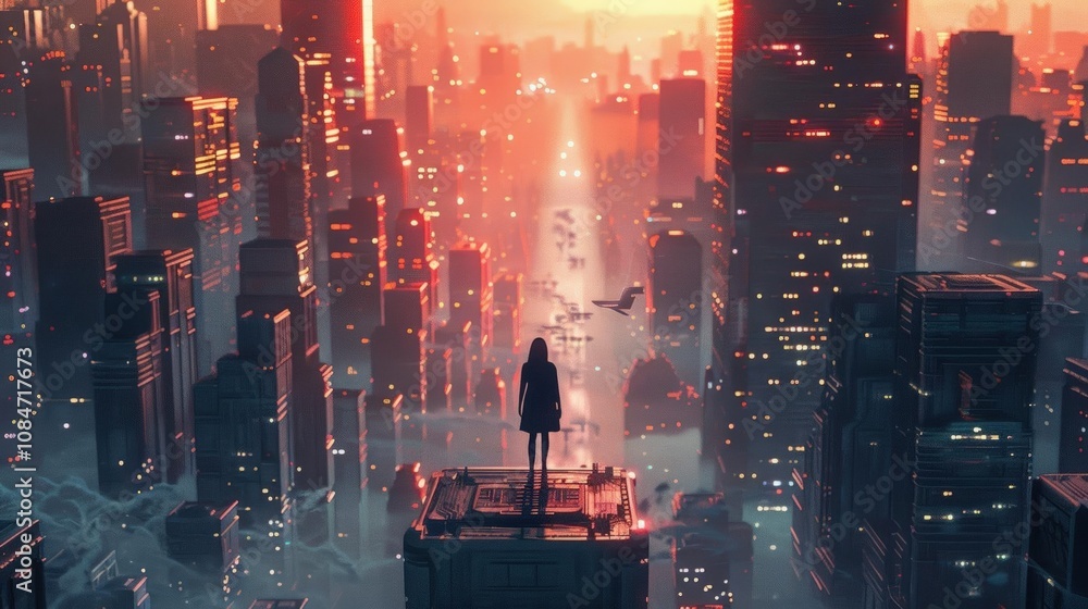 Design a 3D CG scene showcasing a person walking through a futuristic cityscape at dusk Design a 3D CG scene showcasing a person walking through a futuristic cityscape at dusk