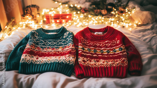 Two winter knitted jumpers lie on the bed, New Year's Eve pairing clothes. Clothes for winter photo shoot. Christmas atmosphere