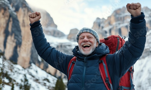 Elderly man celebrating mountain summit achievement, joyful expression, snow-covered landscape, rugged cliffs, winter hiking gear, backpack, knit hat