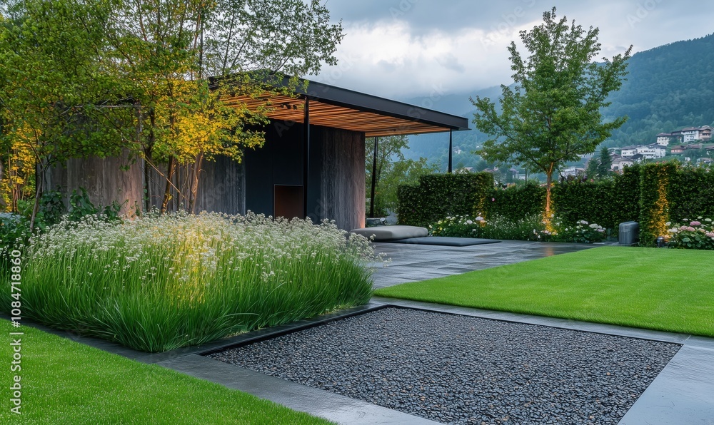 Modern garden design with sleek architecture, lush greenery, and tranquil atmosphere. Features contemporary building, manicured lawn, decorative gravel, and flowering plants. Modern garden design with sleek architecture, lush greenery, and tranquil atmosphere. Features contemporary building, manicured lawn, decorative gravel, and flowering plants.